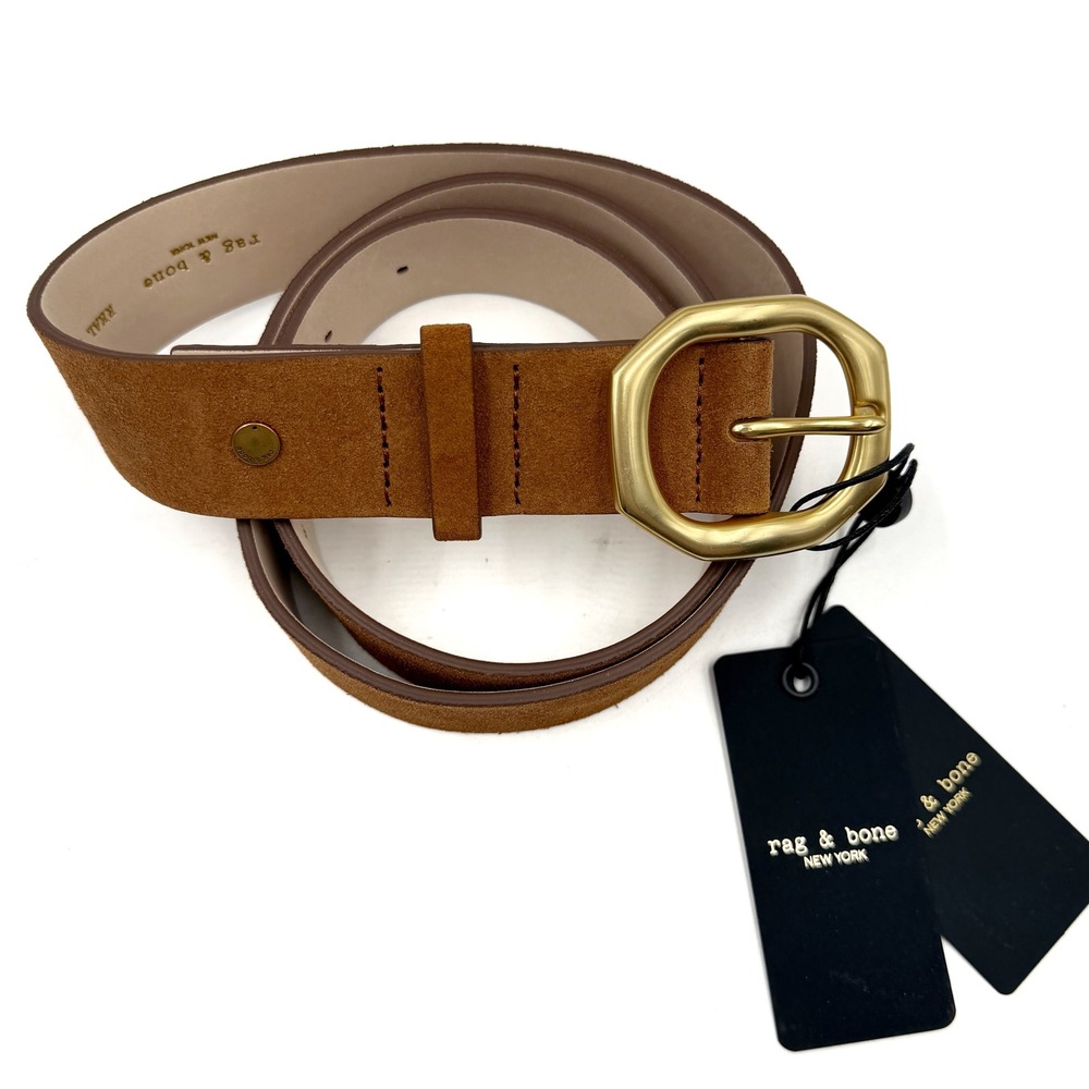 Rag & Bone Audrey Belt Pecan Brown Suede Gold Octagon Buckle Womens Sz M - Picture 2 of 7